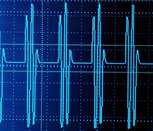 Multiple 1000 hz carrier pulses occur at 100 hz.